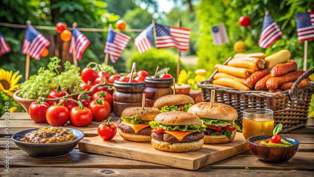 Sizzling burgers and hot dogs on a rustic wooden grill surrounded by fresh vegetables, condiments, and patriotic decorations against a sunny backyard setting. Sizzling burgers and hot dogs on a rustic wooden grill surrounded by fresh vegetables, condiments, and patriotic decorations against a sunny backyard setting.