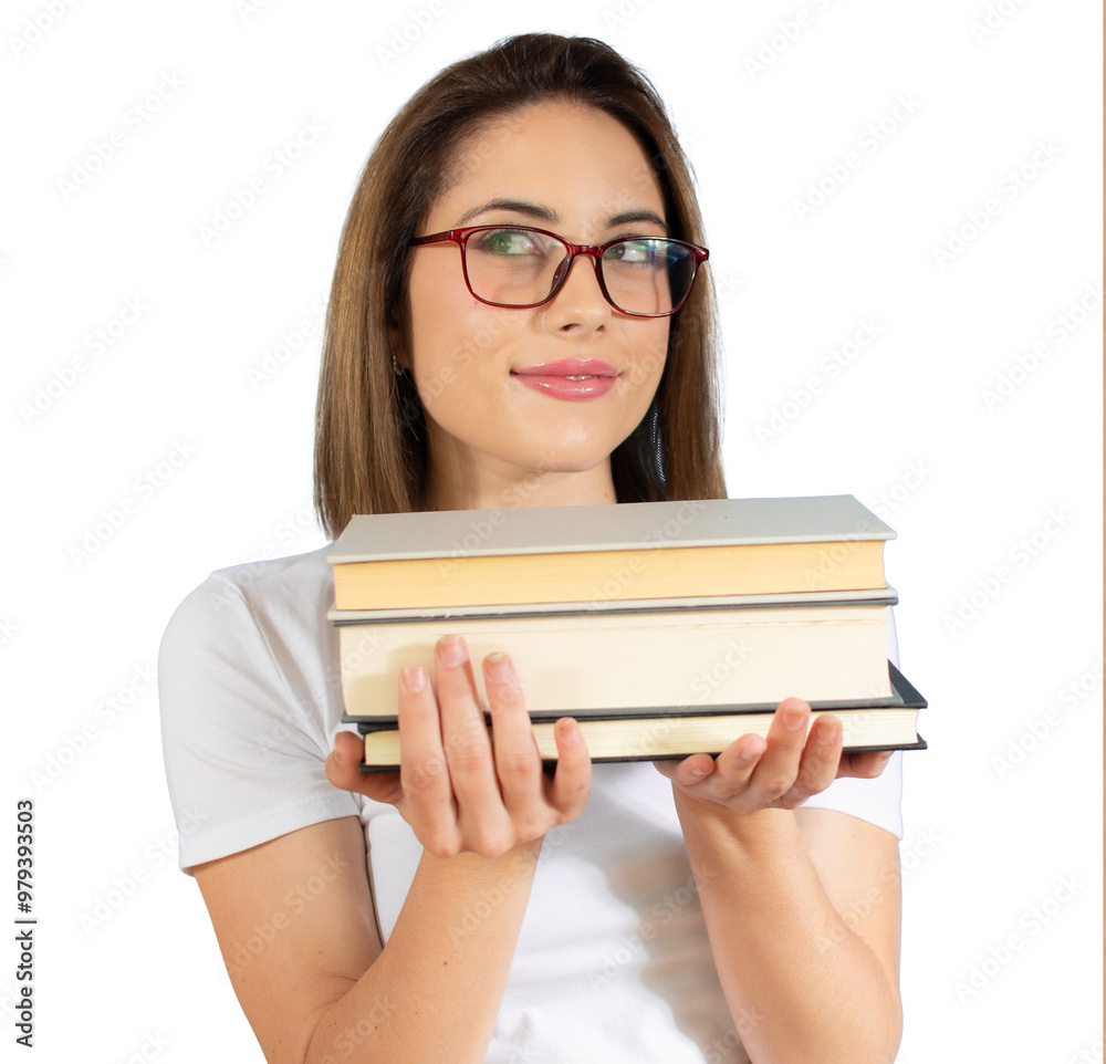 Portrait of a pensive young woman holding in hands a pile of books over transparent background. Portrait of a pensive young woman holding in hands a pile of books over transparent background.
