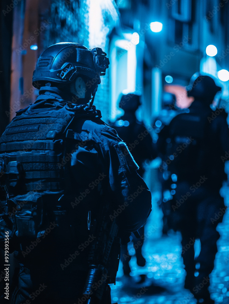 A man in a black uniform with a helmet stands in front of a building. He is wearing a black vest and a black jacket A man in a black uniform with a helmet stands in front of a building. He is wearing a black vest and a black jacket