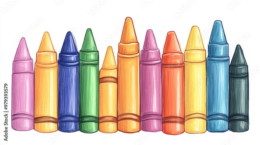 Line art illustration featuring an arrangement of crayons set against a white background Line art illustration featuring an arrangement of crayons set against a white background