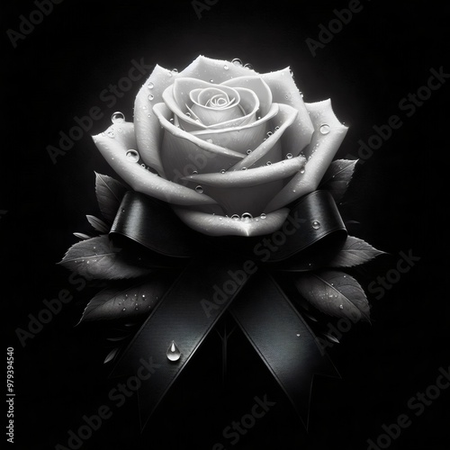 white rose decorated with a black mourning satin ribbon on a black. 3D illustration.