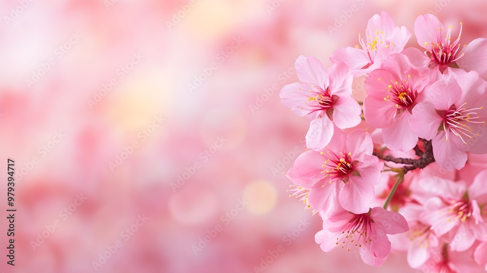Obraz premium Cherry blossoms in full bloom, set against a soft, bokeh-filled backgroundThe petals are intricately detailed, perfect for seasonal promotions or romantic themes