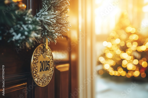 Open door and a year 2025 sign on the door and Christmas party inside with a decorated and illuminated Christmas tree