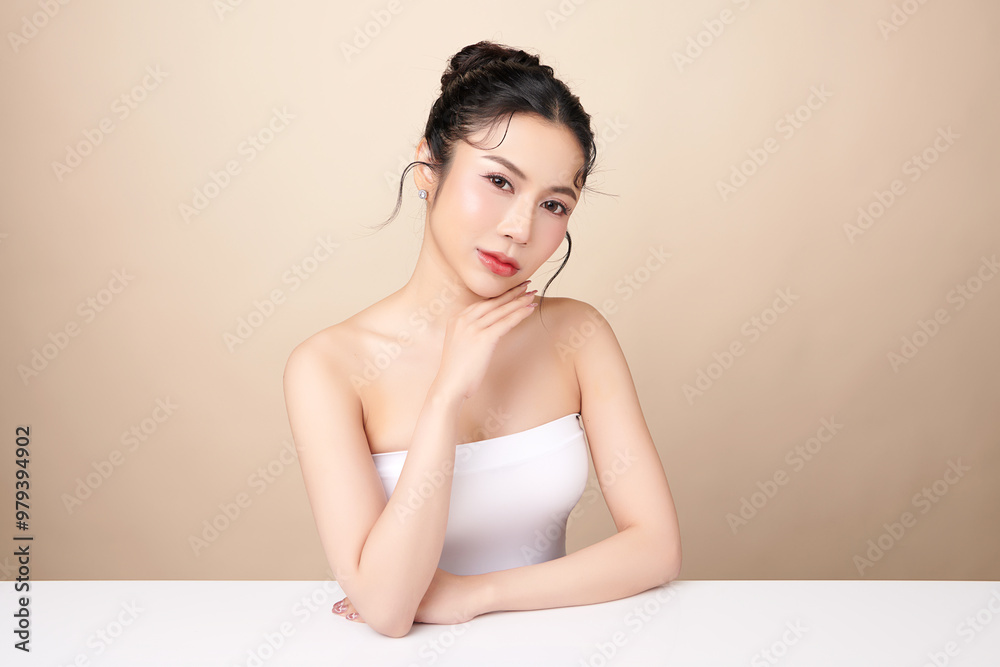 Beautiful young asian woman with clean fresh skin on beige background, Face care, Facial treatment, Cosmetology, beauty and spa, Asian women portrait. Beautiful young asian woman with clean fresh skin on beige background, Face care, Facial treatment, Cosmetology, beauty and spa, Asian women portrait.