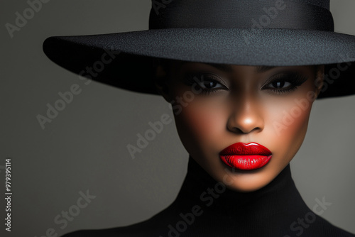 Beautiful and sensual woman portrait with a hat on a dark background with red lipstick, passionate woman front view portrait