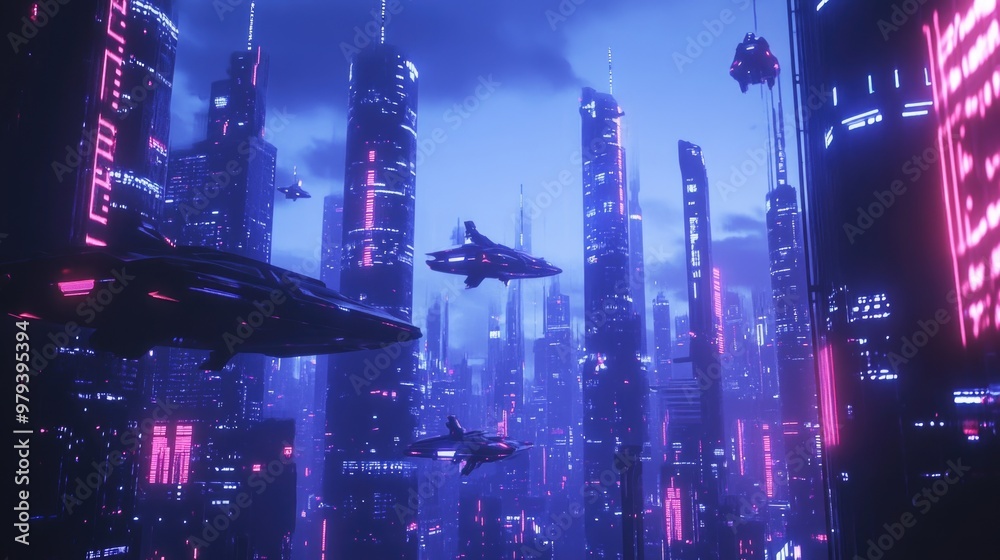 Obraz premium Cybernetic City Skyline with Neon-Lit Skyscrapers and Flying Vehicles