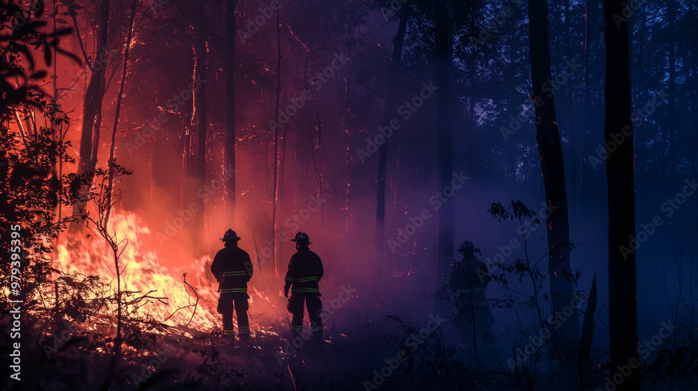 A group of firefighters are standing in a forest with a fire in the background A group of firefighters are standing in a forest with a fire in the background