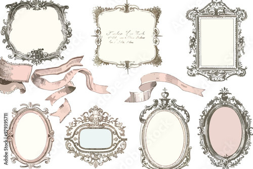 Vintage Frames and Ribbons Single Clipart Isolated on White Background