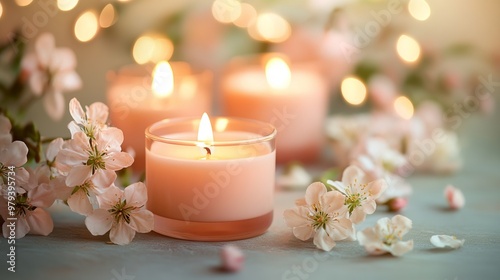 Scented Candles with Delicate Flowers in Soft Peach and Cream Tones - AI generated illustration