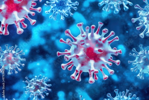 close-up of blue background, virus, on the right side of composition,