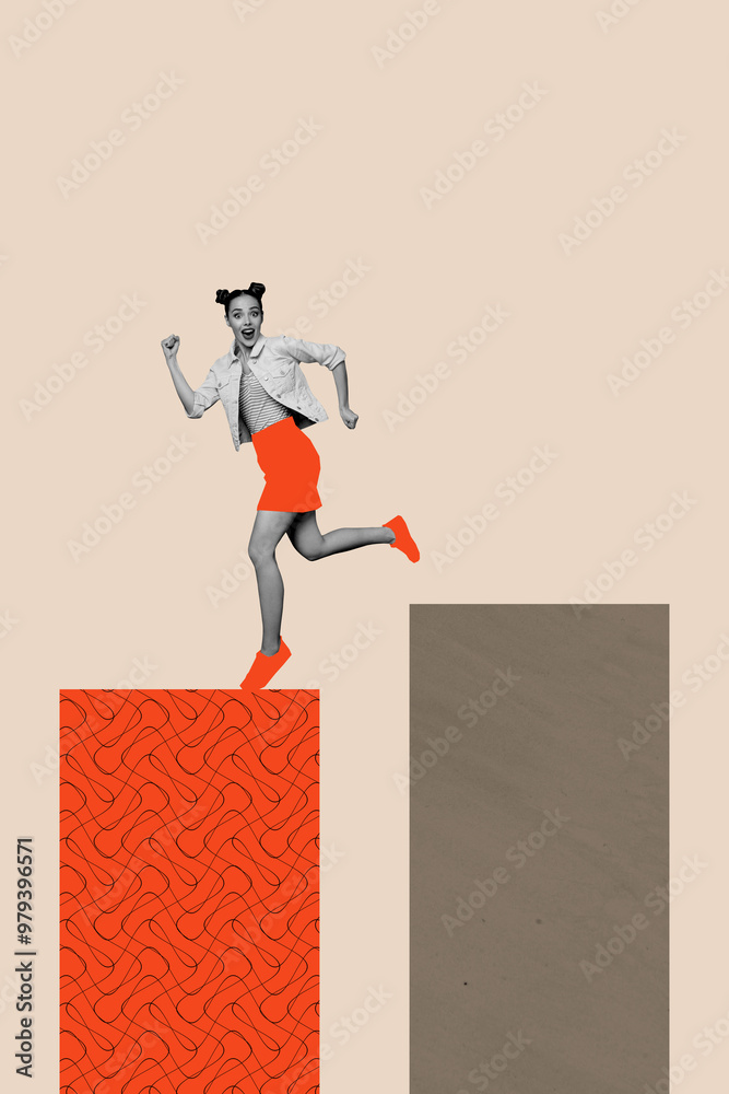 Vertical collage young woman employee worker platform business career promotion job persistence columns platform drawing background Vertical collage young woman employee worker platform business career promotion job persistence columns platform drawing background