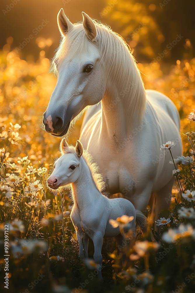 A white mare and her foal in a golden field of wildflowers at sunrise, bathed in soft light A white mare and her foal in a golden field of wildflowers at sunrise, bathed in soft light