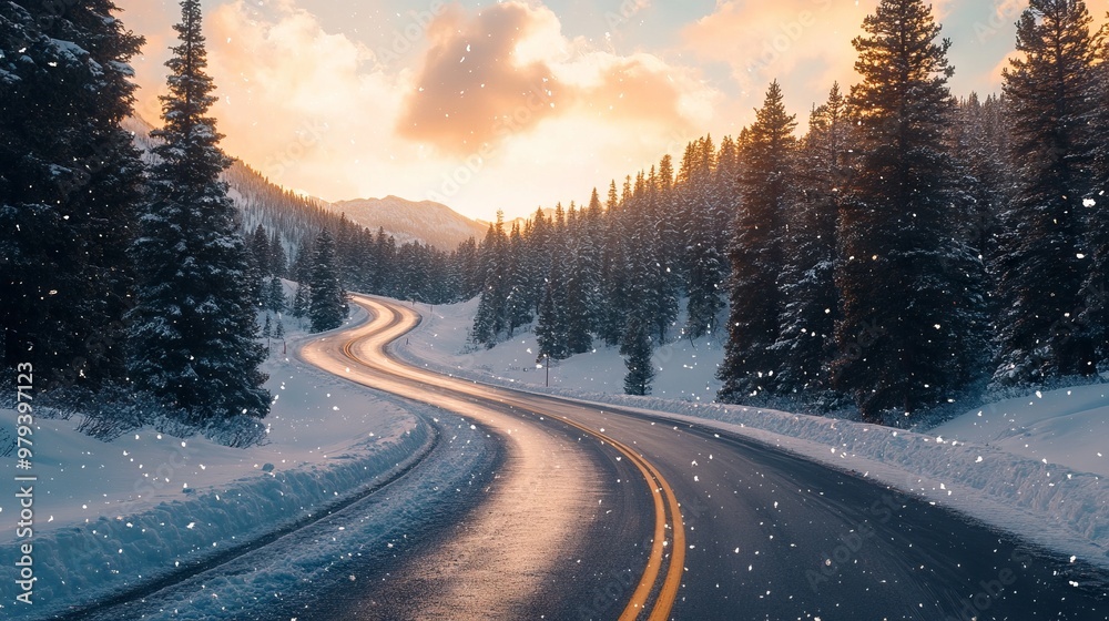 Winding Snowy Mountain Road with Pine Trees and Sunset - AI generated illustration Winding Snowy Mountain Road with Pine Trees and Sunset - AI generated illustration