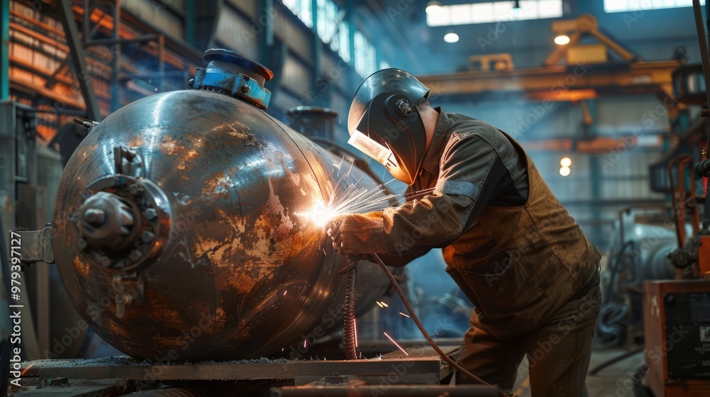 A dedicated welder focuses on joining metal pieces, creating sparks that light up the industrial workshop filled with machinery and tools A dedicated welder focuses on joining metal pieces, creating sparks that light up the industrial workshop filled with machinery and tools