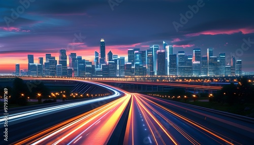 Futuristic skyline with illuminated highways connecting modern cities #979397169