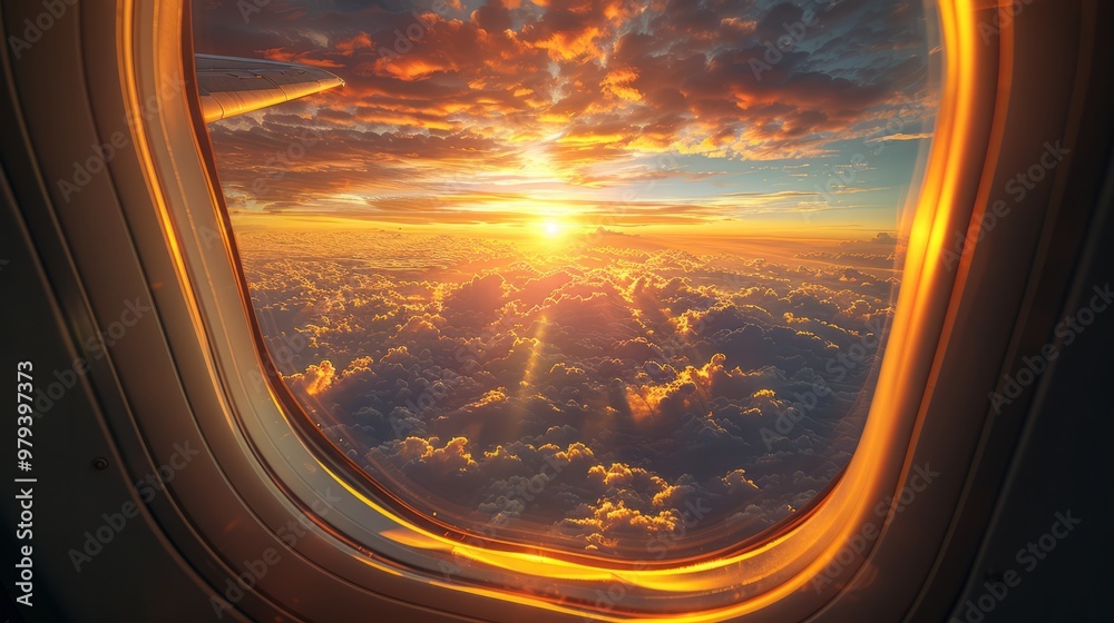 A breathtaking sunrise unfolds over fluffy clouds, lighting up the landscape with vibrant colors visible through an airplane window A breathtaking sunrise unfolds over fluffy clouds, lighting up the landscape with vibrant colors visible through an airplane window