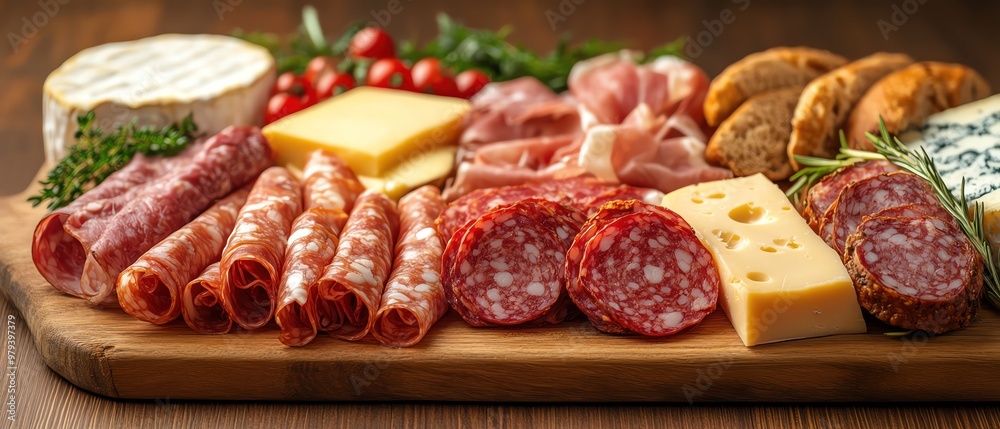 An assortment of deli meats, cheeses, and breads on a wooden platter