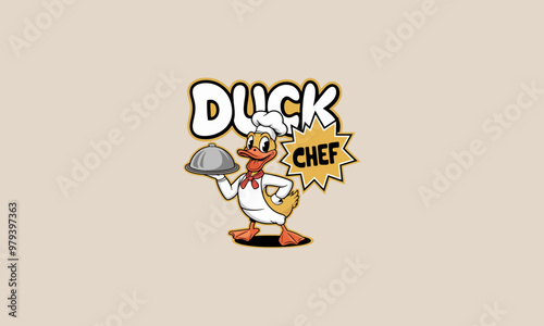 Cartoon duck chef holding a serving tray in a playful style