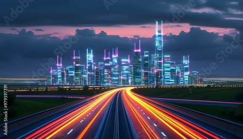 Futuristic skyline with illuminated highways connecting modern cities #979397391