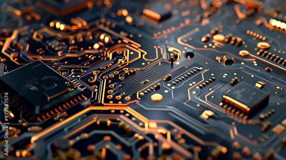 Close-up shot of a circuit board with illuminated traces, showcasing the intricate details of electronic components. Close-up shot of a circuit board with illuminated traces, showcasing the intricate details of electronic components.