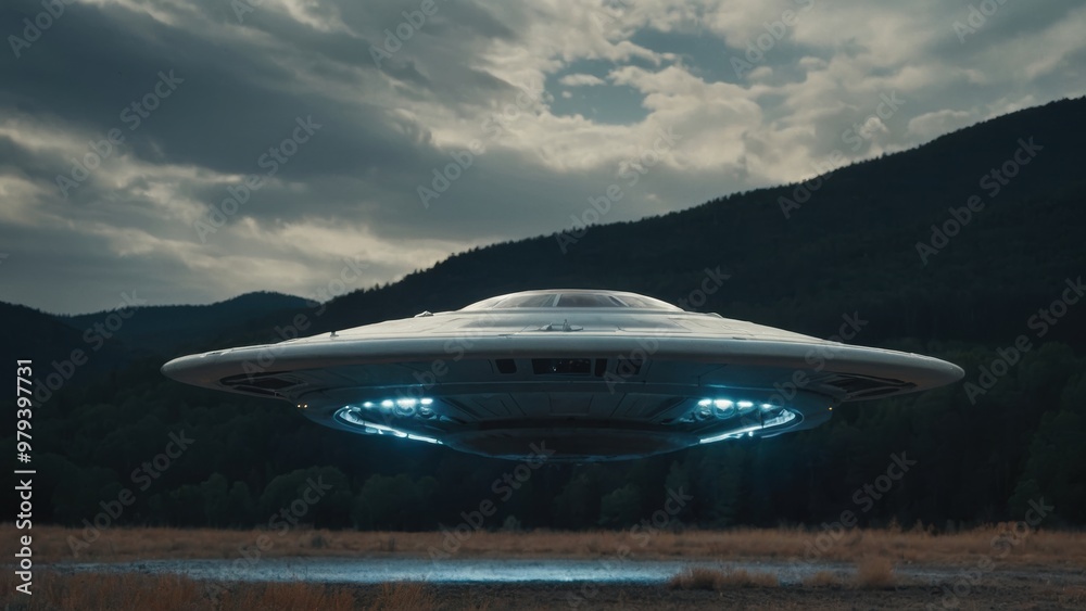 Obraz premium Alien sightings come alive with a sleek UFO landing, unveiling new cosmic secrets