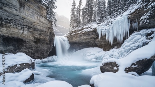 Winter Waterfall in Rocky Canyon with Ice Formations - AI generated illustration