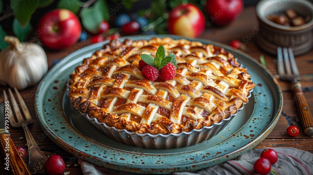 Delicious apple pie showcases a golden lattice crust, decorated with raspberries and mint on a wooden table filled with seasonal fruits and textures Delicious apple pie showcases a golden lattice crust, decorated with raspberries and mint on a wooden table filled with seasonal fruits and textures