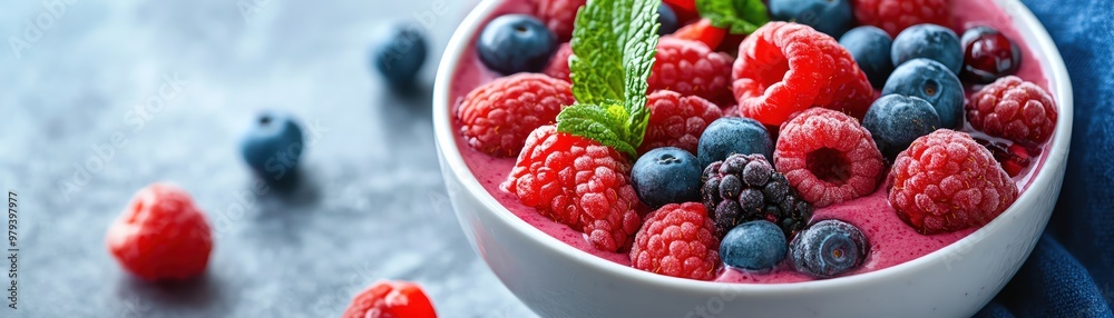 Colorful smoothie bowl, berries and mint leaves, light background, healthy breakfast