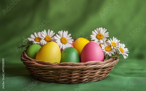 Colorful Easter Eggs in a Basket with Daisies on Green Background - AI generated illustration