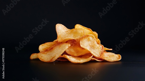 Crispy Cassava Chips on Black: A tempting pile of golden-brown cassava chips against a sleek black background, perfect for food photography, culinary blogs, and menu design. 
