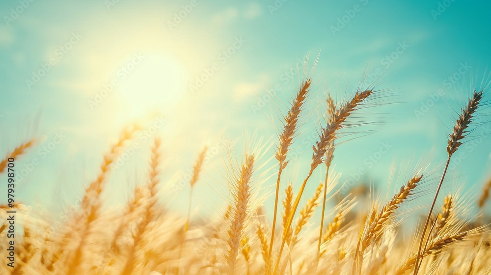 Golden Wheat Field with Blue Sky and Sunlight - AI generated illustration Golden Wheat Field with Blue Sky and Sunlight - AI generated illustration
