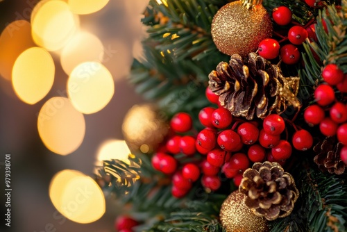 Close-up of a festive wreath with red berries, pine cones, and golden ornaments against a warm bokeh background