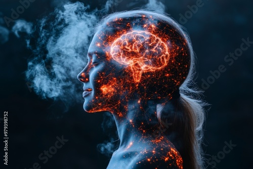 Side profile of a woman with a glowing brain visible through transparent skin representing the power of thought mental clarity and neural connectivity