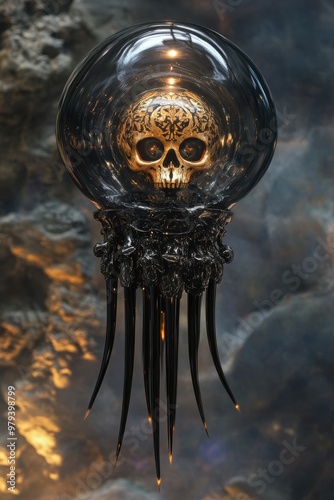 giant mechanical black glass jellyfish like alien with skull inside, with eye with gold patterns inside floating in the air above a fantasy background photo