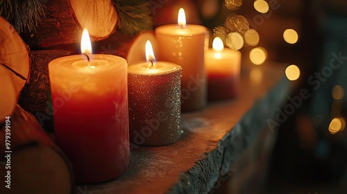 Warm candlelight casts a cozy glow, creating a serene ambiance perfect for relaxation and holiday gatherings.