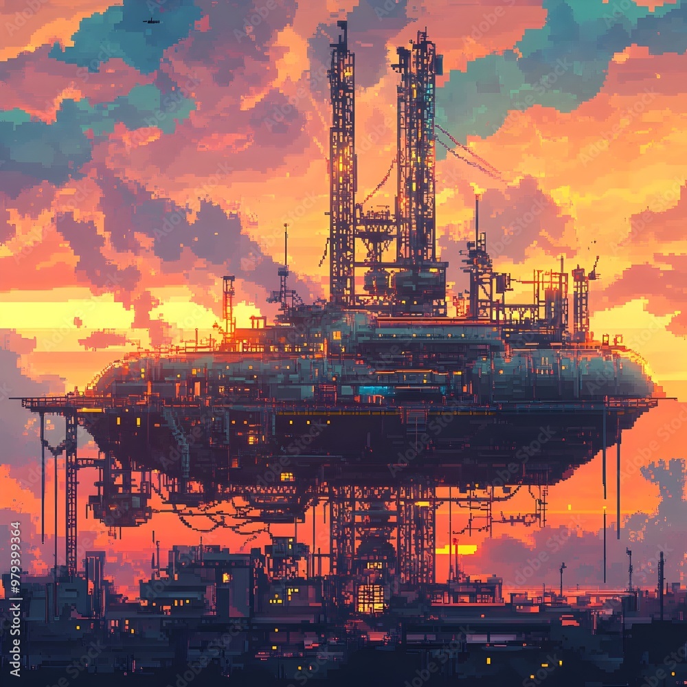 Vibrant Steampunk Airship Docking Station in Stylized Pixel Art Landscape Vibrant Steampunk Airship Docking Station in Stylized Pixel Art Landscape