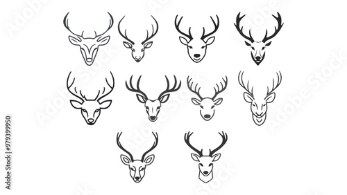 set of deer head shape silhouettes in vector, set of deer simple shape illustrations, simple deer vector illustration