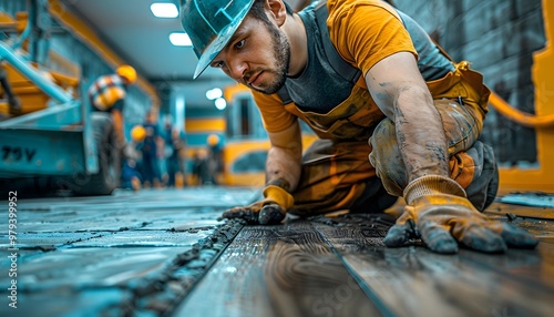 Worker installs new laminate floor.