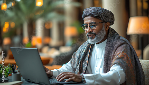 Professional man in traditional attire, focused on a computer, modern office with natural light