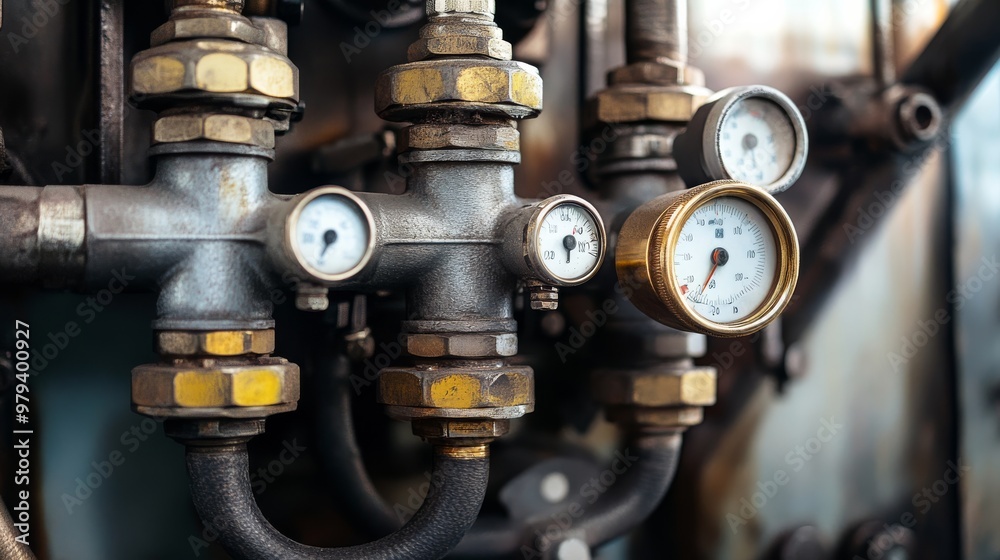 Close-up of hydraulic systems powering a transport machine, with focus on the tubes, bolts, and pressure gauges. Close-up of hydraulic systems powering a transport machine, with focus on the tubes, bolts, and pressure gauges.