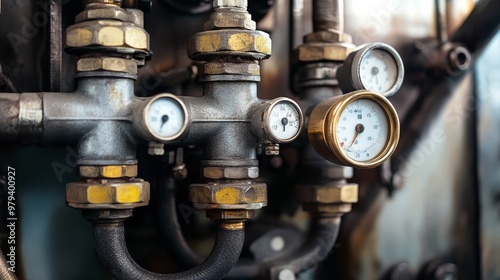 Close-up of hydraulic systems powering a transport machine, with focus on the tubes, bolts, and pressure gauges.