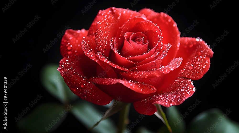 A solitary red rose in sharp focus, its petals adorned with water droplets, beautifully highlighted against a stark black background, ideal for luxurious or love-themed designs A solitary red rose in sharp focus, its petals adorned with water droplets, beautifully highlighted against a stark black background, ideal for luxurious or love-themed designs