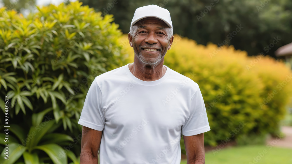Senior black man wearing white t-shirt and white baseball cap standing in the garden Senior black man wearing white t-shirt and white baseball cap standing in the garden