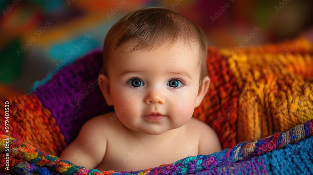 Joyful baby laughing against a vibrant, colorful bokeh background, capturing a playful and cheerful mood with bright lighting.
