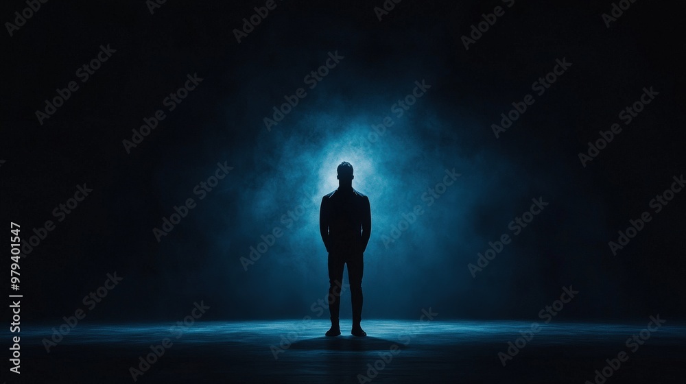 Silhouette of Man Standing in Blue Light and Smoke Silhouette of Man Standing in Blue Light and Smoke
