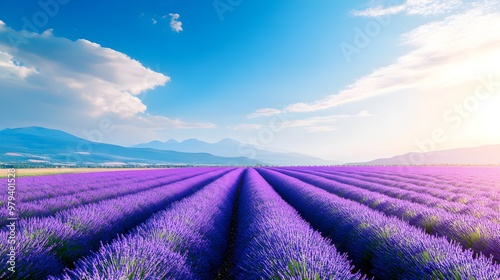 A vast lavender field stretching to the horizon under a cloudless blue sky, with rows of purple blooms creating a peaceful and harmonious landscape