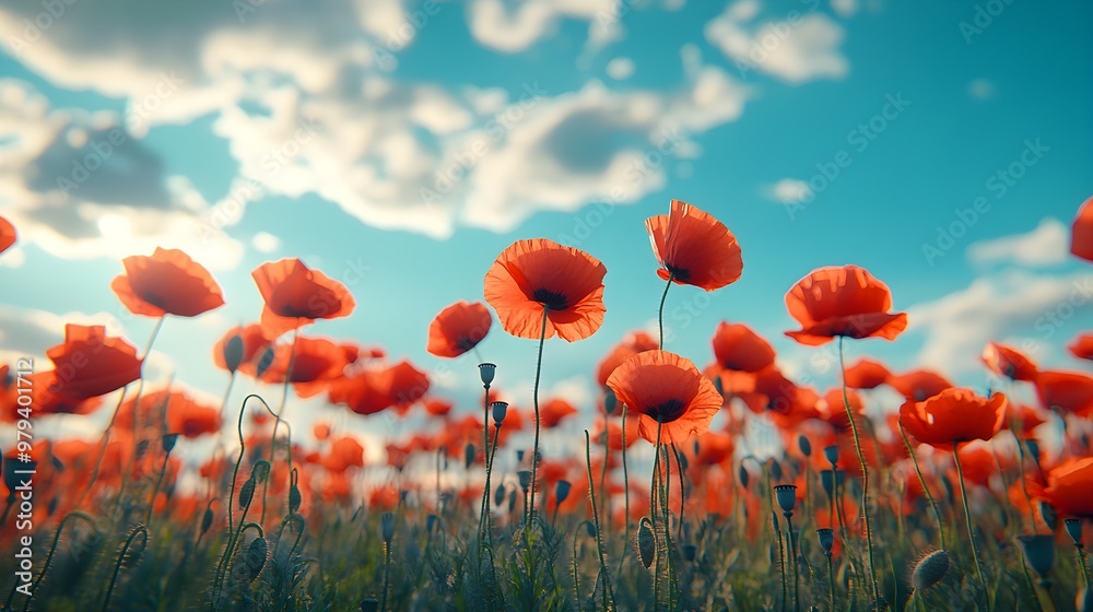 Obraz premium A vibrant field of red poppies gently swaying under a crisp blue sky, capturing the essence of springEach flower moves in harmony with the wind