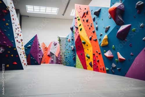 Indoor artificial rock climb walls with colored holds photo