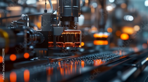 Close-up of machine technology enhancing production efficiency, with automated systems in the background.