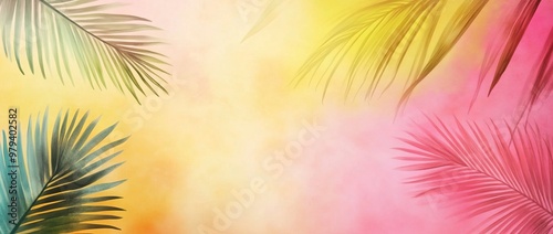 Tropical Plants on a Colorful Background with Palm Leaves, Summer Concept Banner with Copy Space -- AI generated illustration